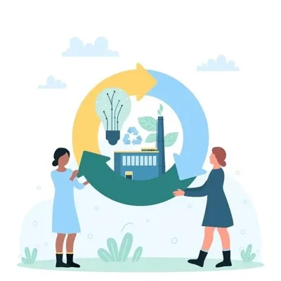 Two professionals hold a green circular arrow symbol representing sustainability, depicting a recycling process. The illustration includes elements like a factory, recycling bin, and plant growth icons against an outdoor sky backdrop.