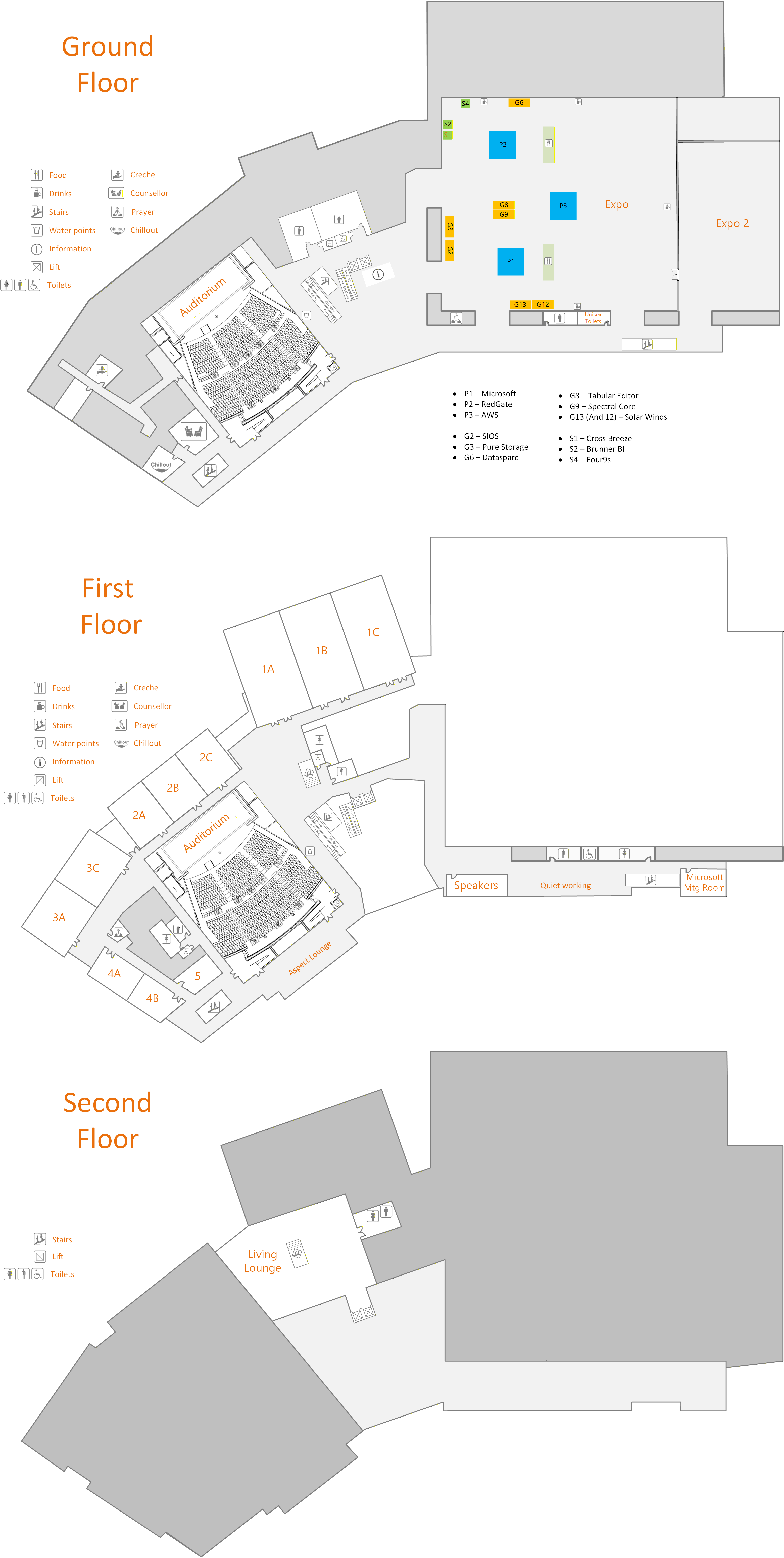Event venue floor plans illustrating ground and first floor layouts, including auditoriums, exhibitor booths with company names, restrooms, food and drink areas, lifts, and designated quiet working spaces. Key areas are labeled for easy navigation.