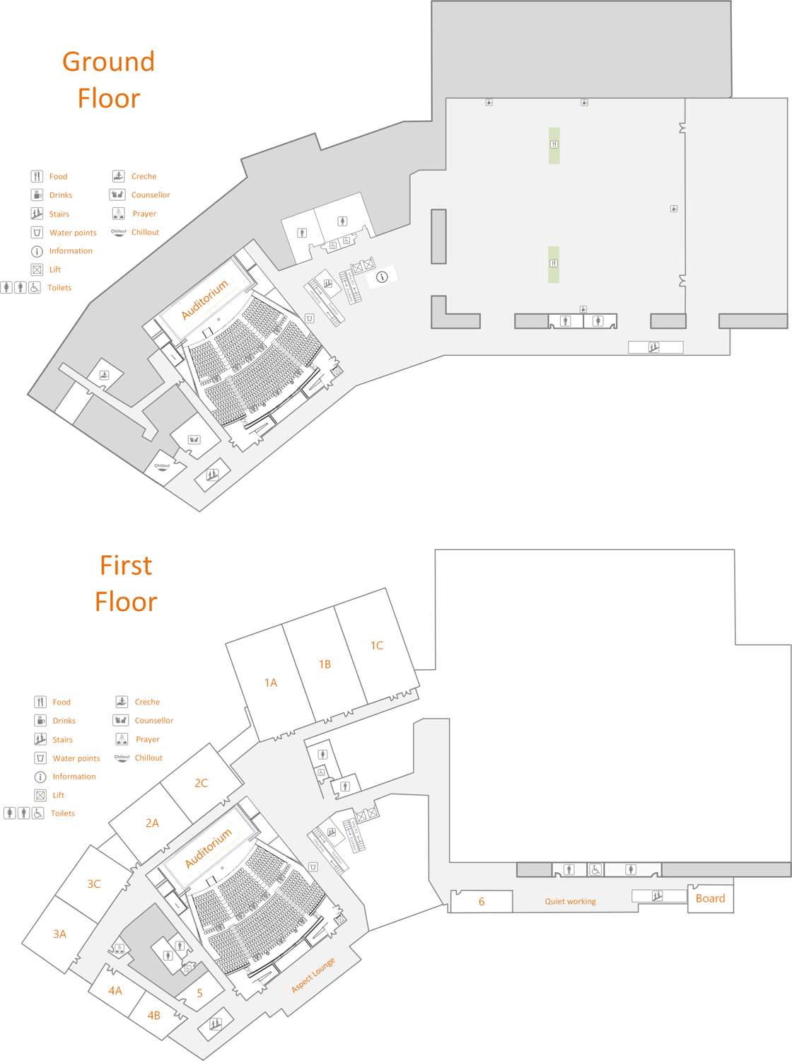 Floor plan illustrating two levels of an event venue, including labeled auditoriums, designated areas for food, drinks, and amenities such as toilets and lifts. The layout highlights key spaces like quiet working zones and specific rooms on both the ground and first floors.