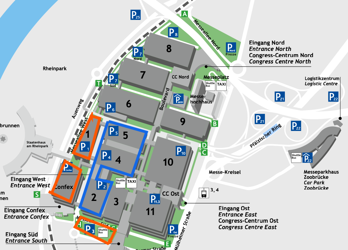Map illustrating the layout of a multi-congress center venue with designated parking zones, entrance points, and key areas labeled for North, South, East, and West sections. Includes shuttle bus routes and taxi access near various conference halls.