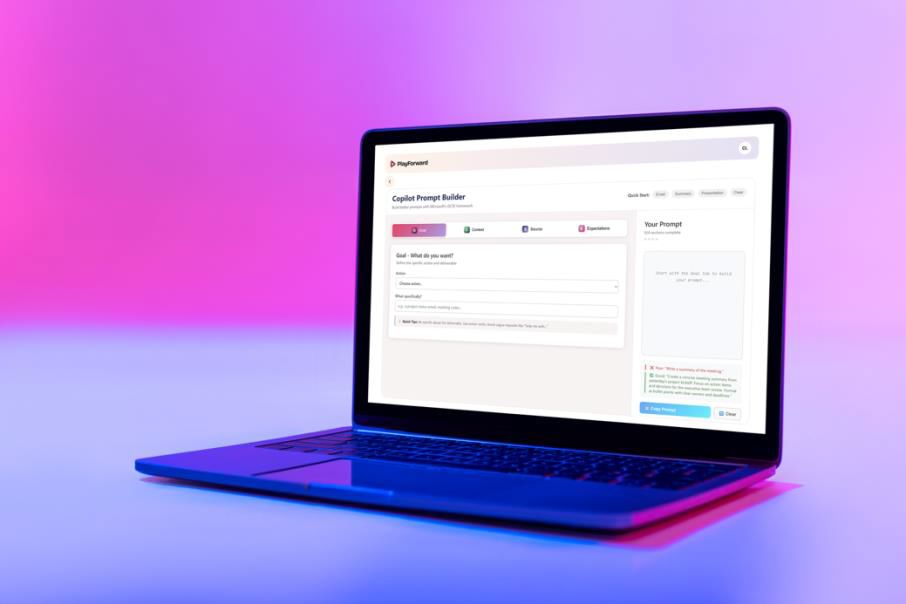 A laptop displaying the Playforcast Prompt Builder tool, featuring a user interface with input fields for customizing event prompts, including options for goals, audience, date, and location. The interface guides users through setting up tailored questions for event engagement.
