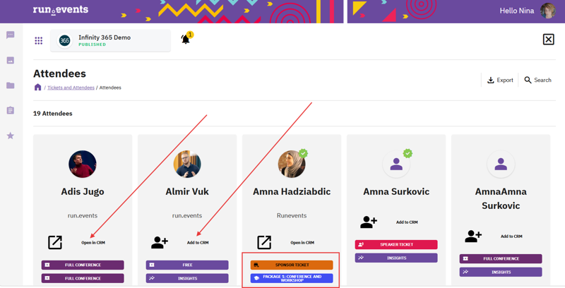 Event attendee list interface highlighting CRM integration options for ticket holders, including full conference access, free entry, sponsor tickets, and additional insights packages. Attendee photos and registration buttons for CRM synchronization are displayed.