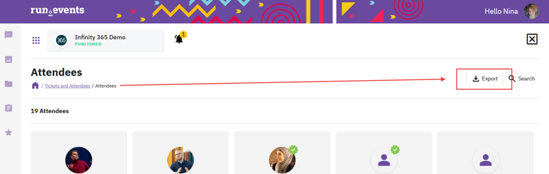 Dashboard screenshot displaying the attendee management section of an event platform, showing profile thumbnails of five individuals with basic details and options for exporting attendee data.