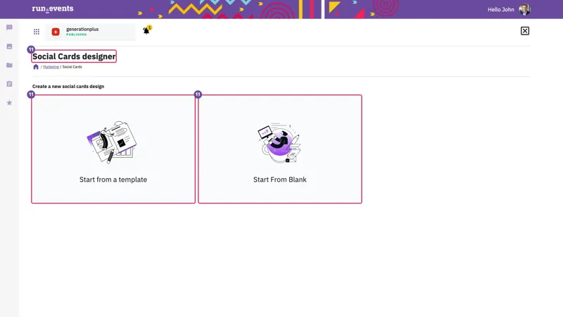 Illustrated interface for creating social media event cards, featuring two design options: one depicting a designer using a template with graphic elements, and another showing a person working on a blank digital canvas with design tools.
