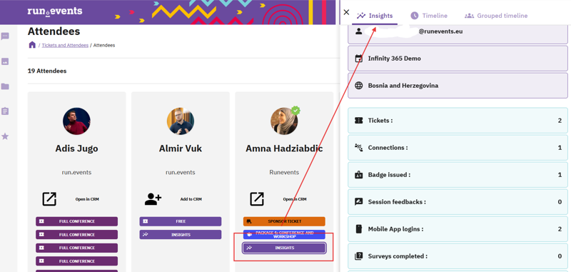 Profile view of an attendee selected for event analytics, displaying ticket type as a conference package, including insights section, alongside event details such as location and login metrics.