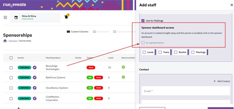 Event management platform interface displaying a section for adding staff to sponsor accounts. The highlighted area shows options for granting sponsor dashboard access and selecting roles such as leads, tasks, booths, and meetings.