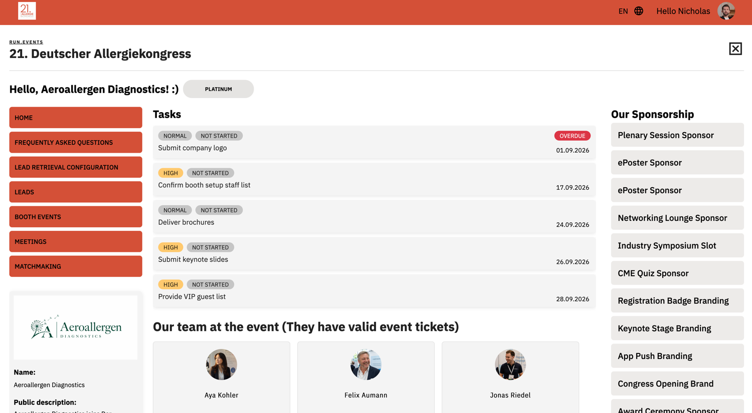 Dashboard displaying event coordination tasks for the 21st German Allergy Congress, including pending sponsorship commitments, team member profiles, and upcoming deadlines for Aeroallergen Diagnostics. The interface highlights overdue tasks, sponsorship roles, and event-related responsibilities for attendees.