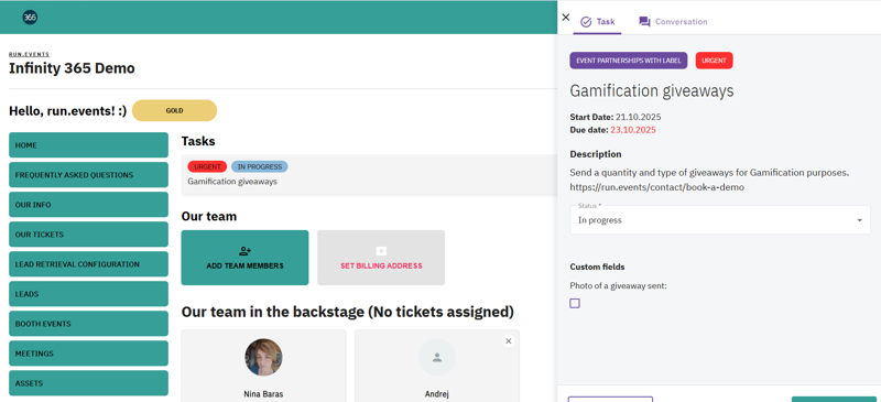 Interface displaying a task management system for event partnerships, highlighting gamification giveaway details, team member profiles, and navigation menus for event-related functionalities. Shows urgent task statuses, team member avatars, and backstage team view with assigned roles.