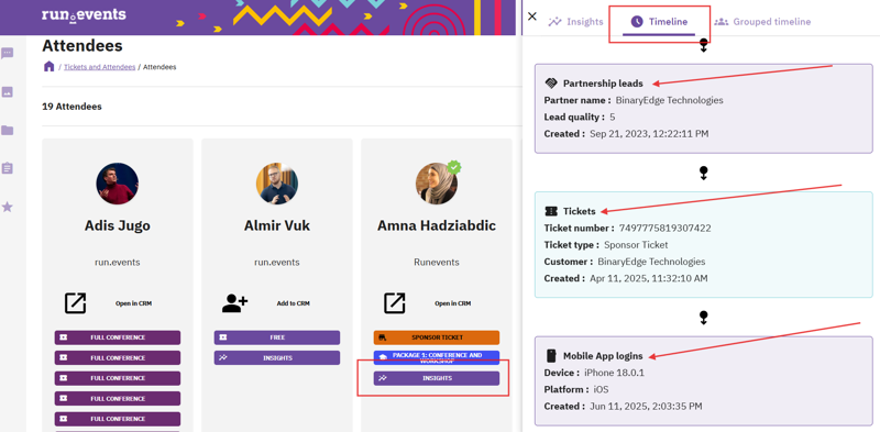 The image displays a section of an event management platform showing attendee profiles, ticket details, and login activity. It highlights attendee names, ticket types, sponsorship leads, and mobile app login records for BinaryEdge Technologies.