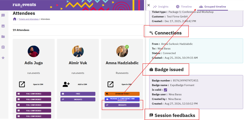 This screenshot displays a RunEvents platform interface showing attendee profiles with ticket types, connection statuses, badge issuance details, and session feedback entries for a corporate event. It highlights attendee connections, badge validation for a conference and workshop package, and feedback tracking for sessions.