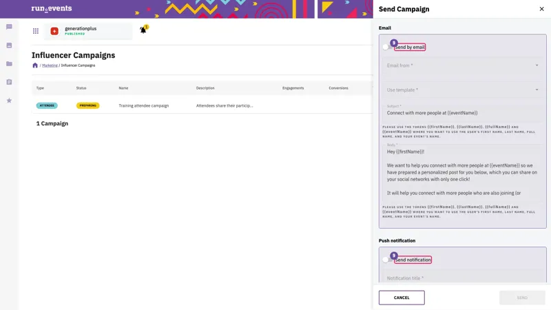 Dashboard interface for an event management platform displaying influencer campaign settings. Shows a training attendee campaign in preparation mode with email and push notification options for personalized social media engagement prompts.
