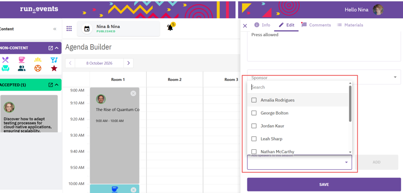 Interface for an event agenda builder displaying scheduled sessions in multiple rooms, including a speaker selection dropdown for a session titled "The Rise of Quantum Computing." The left panel shows accepted content with a session description about adapting testing processes for cloud-native applications.