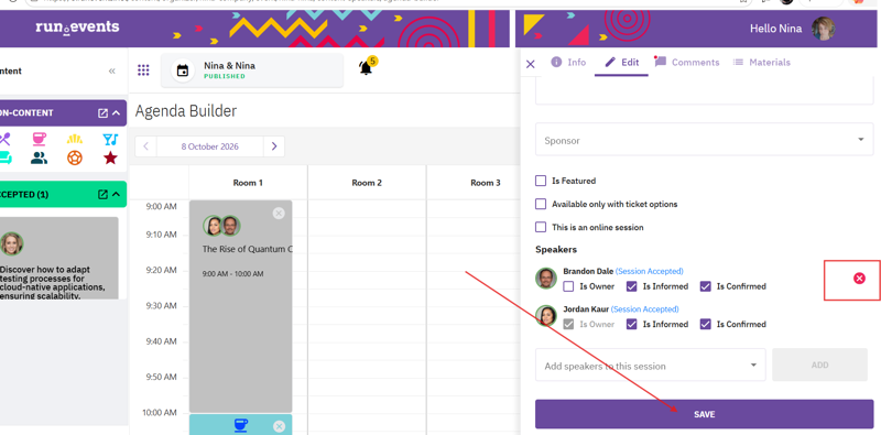 Event management interface displaying agenda builder for a session titled "The Rise of Quantum Computing." Shows speaker confirmation status with an error icon for one speaker, indicating pending action before saving.