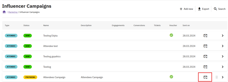 Dashboard displaying influencer campaign statuses for attendee outreach, showing sent and preparing emails with names, dates, and engagement icons.