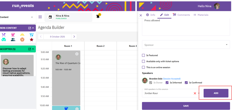 Interface for an event planning platform displaying an agenda builder with scheduled sessions, including speaker details, session times, and room allocation for a tech-focused event. Users can add new speakers and manage session configurations.