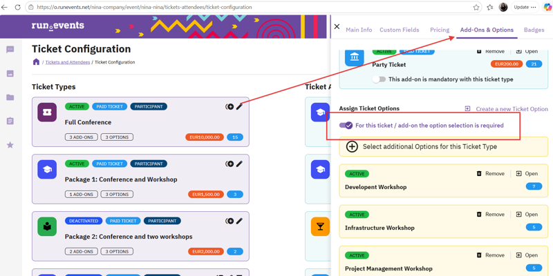 Event ticket configuration interface displaying various active ticket types and their add-on options. Users can manage and assign mandatory add-ons such as party tickets, along with additional workshop choices for attendees.
