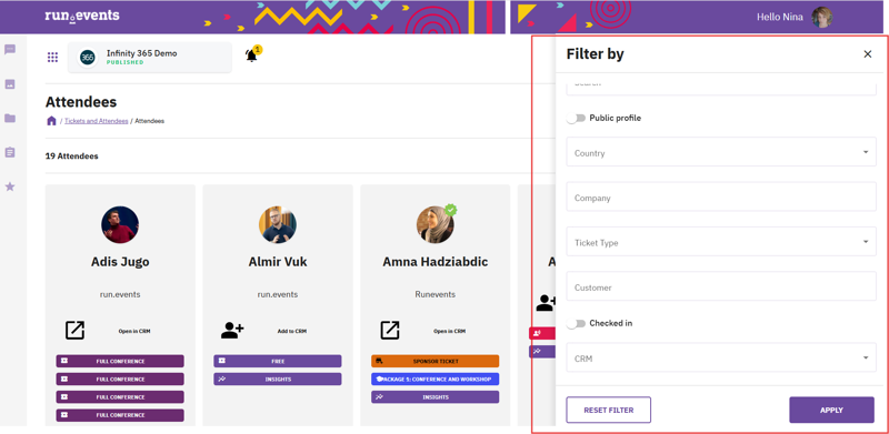 A user interface screenshot displays the attendee management section of an event platform. It shows profiles of three attendees with ticket types, including full conference passes, free entry, and sponsor tickets, alongside filtering options for organizing attendees by various criteria.