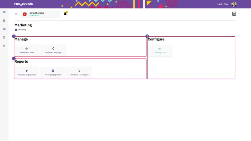 Interface screenshot displaying the RunEvents marketing module, highlighting sections for managing influencer campaigns, tracking incomplete orders, and generating reports on influencer engagements and performance metrics.