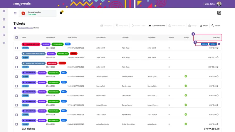 A screenshot of an event management platform’s ticketing section displays various attendee tickets with statuses, purchase details, and pricing. The interface shows color-coded pass types, assigned customers, and a summary of total tickets and costs.