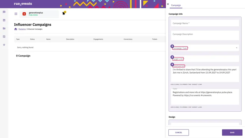 Dashboard interface for managing influencer marketing campaigns within an event platform. Displays sections for campaign creation, including fields for campaign type, target links, and promotional text, alongside event details for an upcoming conference.