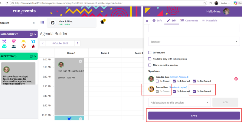 Agenda builder interface displaying accepted sessions for an event, showing speaker profiles, session times, and confirmation statuses in a multi-room schedule. Two confirmed speakers, Brandon Dale and Jordan Kaur, are listed with session details for adapting cloud-native applications.
