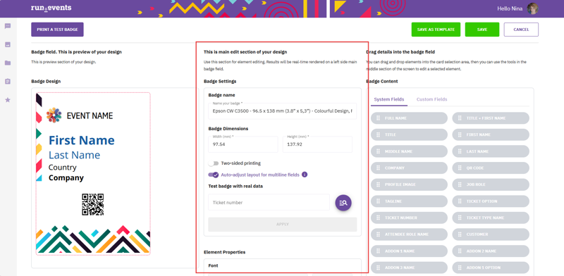 Interface for customizing event attendee badges with editable fields for names, company, and additional attendee details. Features a preview of a colorful, geometric badge design with placeholders for text and QR code integration.