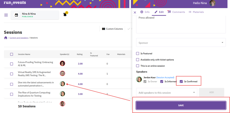 A screenshot of an event management platform interface displaying session details, including speaker profiles, session titles, and ratings. The interface shows a session confirmation status for a speaker, with options to mark speakers as confirmed and save session configurations.