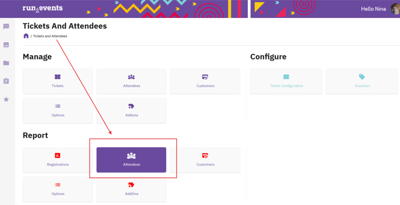 Dashboard screenshot displaying attendee management features within an event ticketing platform, showing sections for attendee lists, registration tracking, and attendee-related configurations.