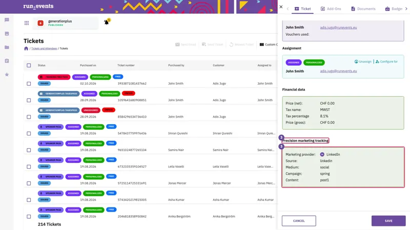 A screenshot of the RunEvents platform displays a ticket management interface. It shows various attendee tickets categorized by type, status, and assignment details, including personalized and free passes, alongside financial and marketing attribution data for tracking sources.