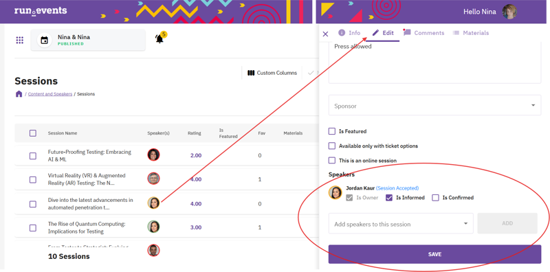 A user interface screenshot for an event management platform displays session listings with speaker details. The interface allows editing session metadata, including speaker statuses, features, and online session options, with a focus on organizing and confirming participant information.