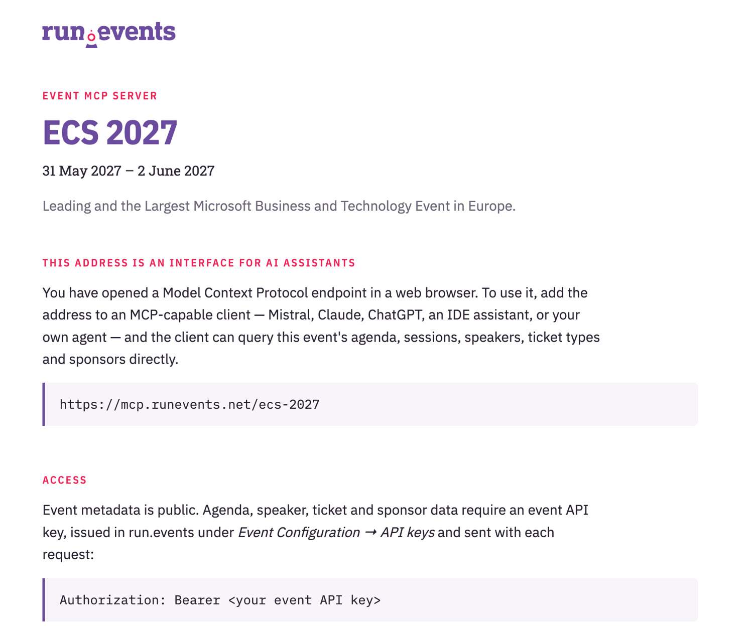 Document outlining the ECS 2027 event details, including dates, event description, and instructions for accessing event metadata via a Model Context Protocol (MCP) server. It provides a public interface for querying agenda, speakers, ticket types, and sponsors with API key authentication.