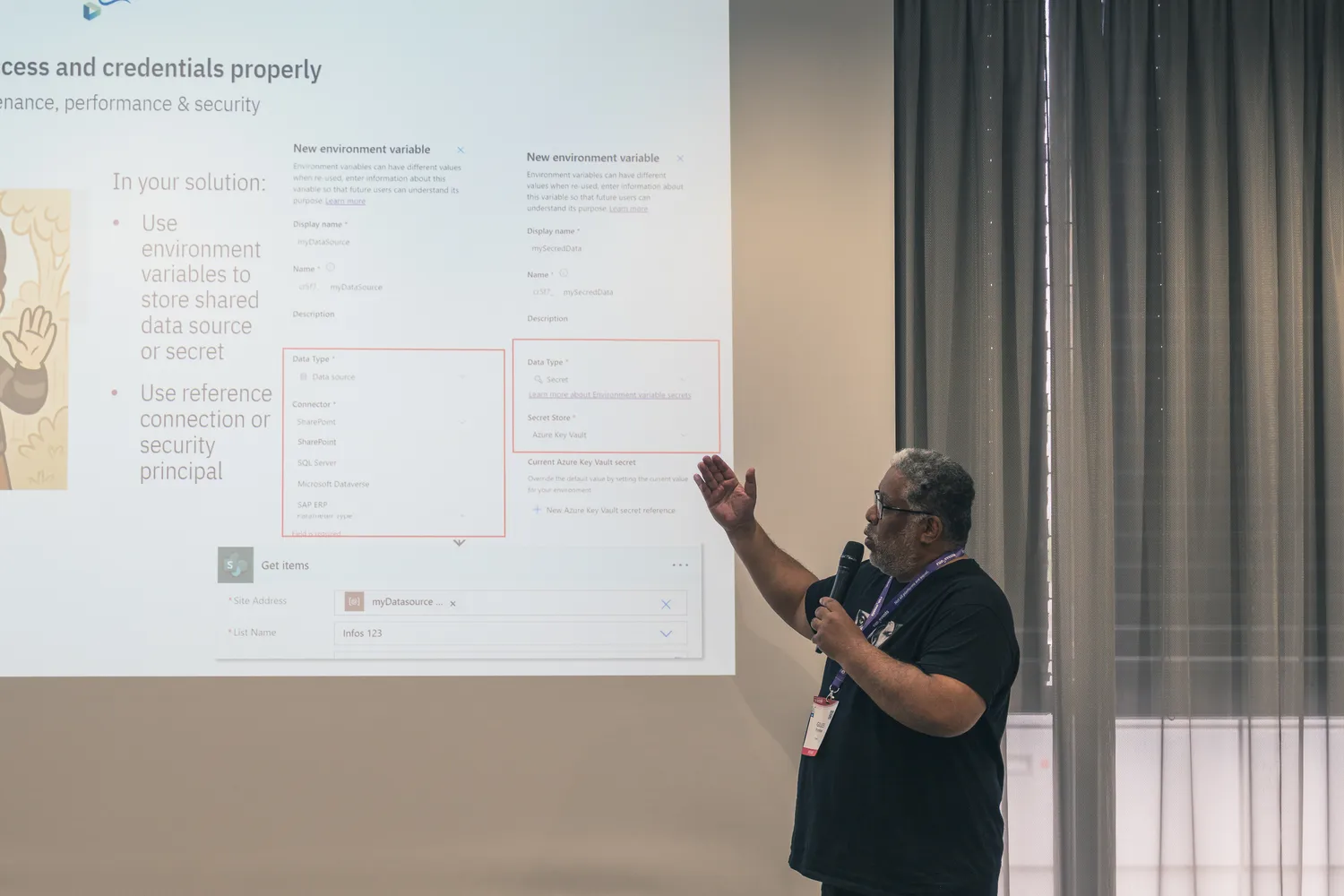 A speaker demonstrates secure data management techniques, highlighting environment variables and connection settings for storing credentials. The presentation slide emphasizes proper credential handling and security principles in software solutions.