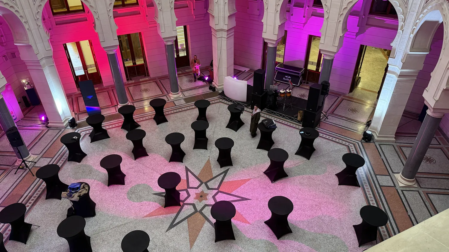 The evening event space set up with live music