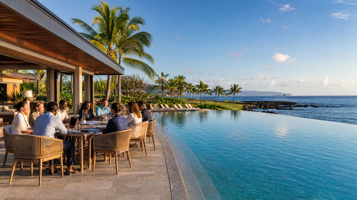 Group of professionals gathered at an outdoor poolside table setting under a covered pavilion, enjoying a scenic tropical view with clear blue water, palm trees, and distant landforms. The setting appears to be a refined retreat ideal for business discussions or networking amidst a serene, luxurious environment.