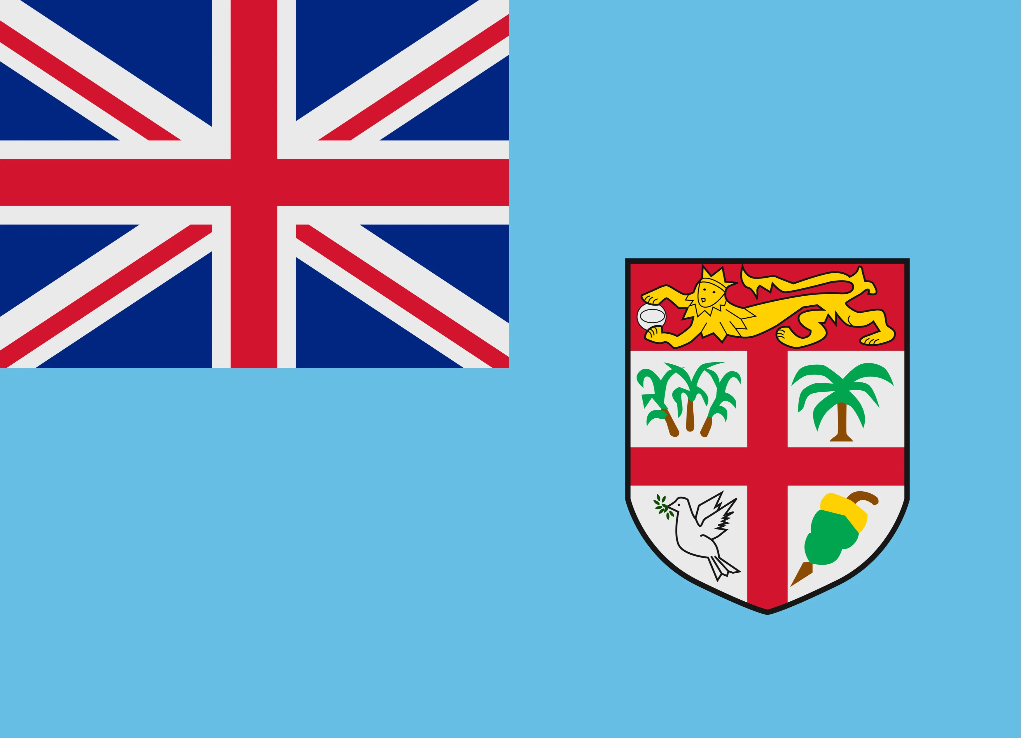 The image displays the flag of the Falkland Islands, featuring a Union Jack background with a shield emblem. The shield includes symbols such as palm trees, agricultural crops, a lion, and other heraldic elements representing local heritage and industry.