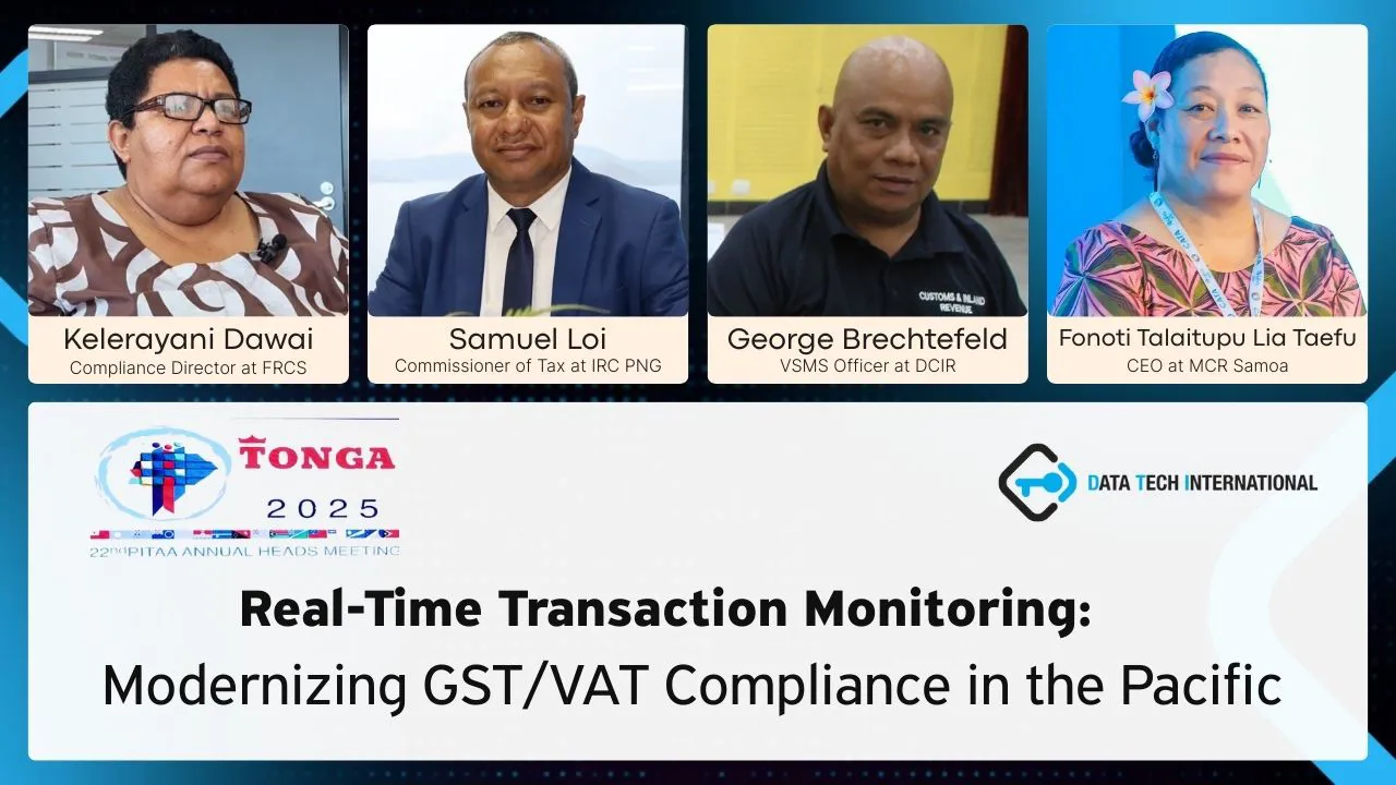 Professional portraits of four tax and revenue officials from Pacific Island nations participating in a 2025 annual meeting discussing real-time transaction monitoring and GST/VAT compliance modernization. The event highlights leaders from Tonga, PNG, Samoa, and DCIR.