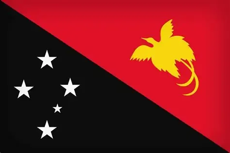 National flag featuring a red and black diagonal stripe with a yellow bird emblem and five white stars arranged in two parallel pairs.