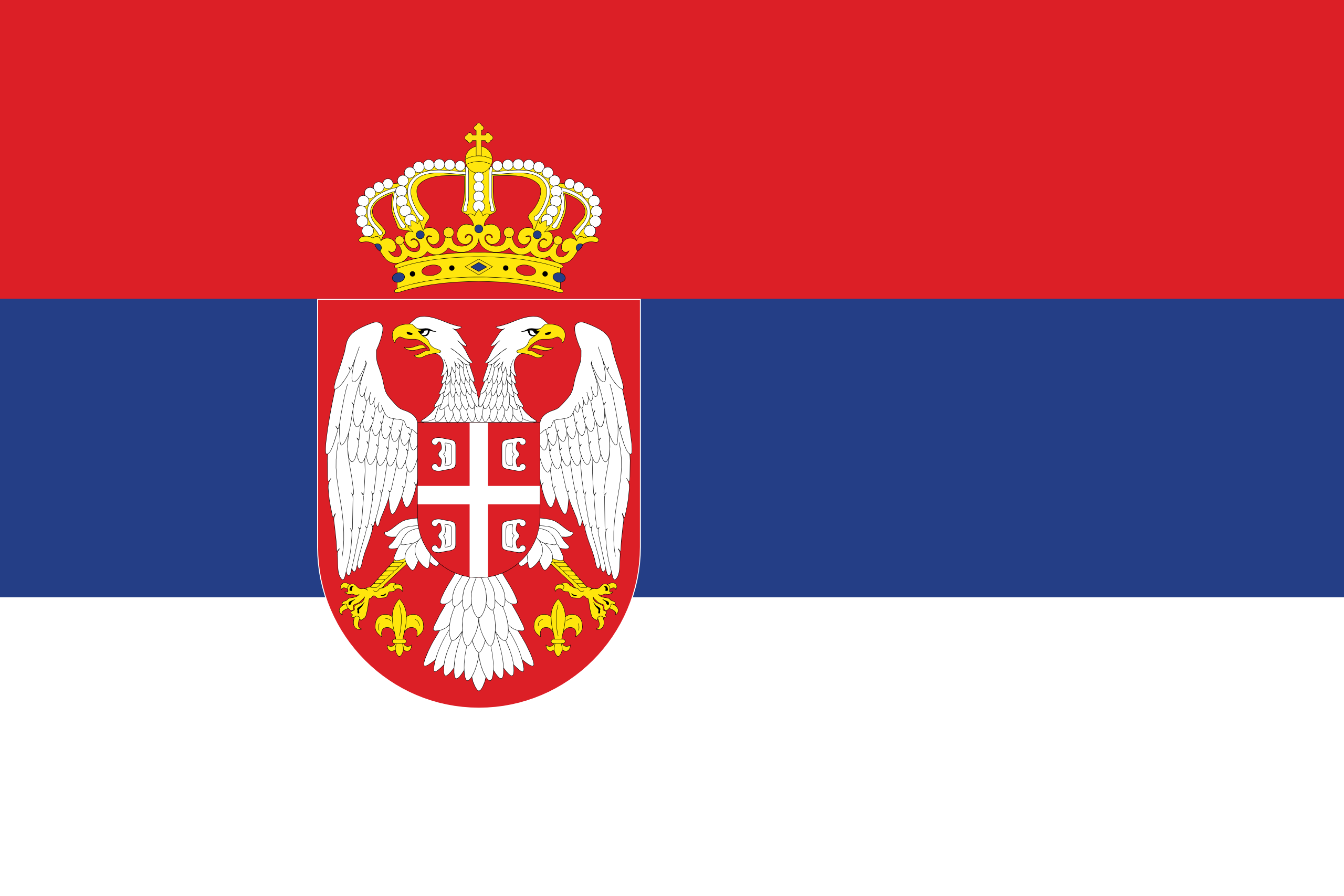 National flag featuring a red and blue horizontal tricolor with a central shield. The shield displays two white eagles facing each other, holding a cross and adorned with golden fleur-de-lis. Above the shield is an ornate golden crown.