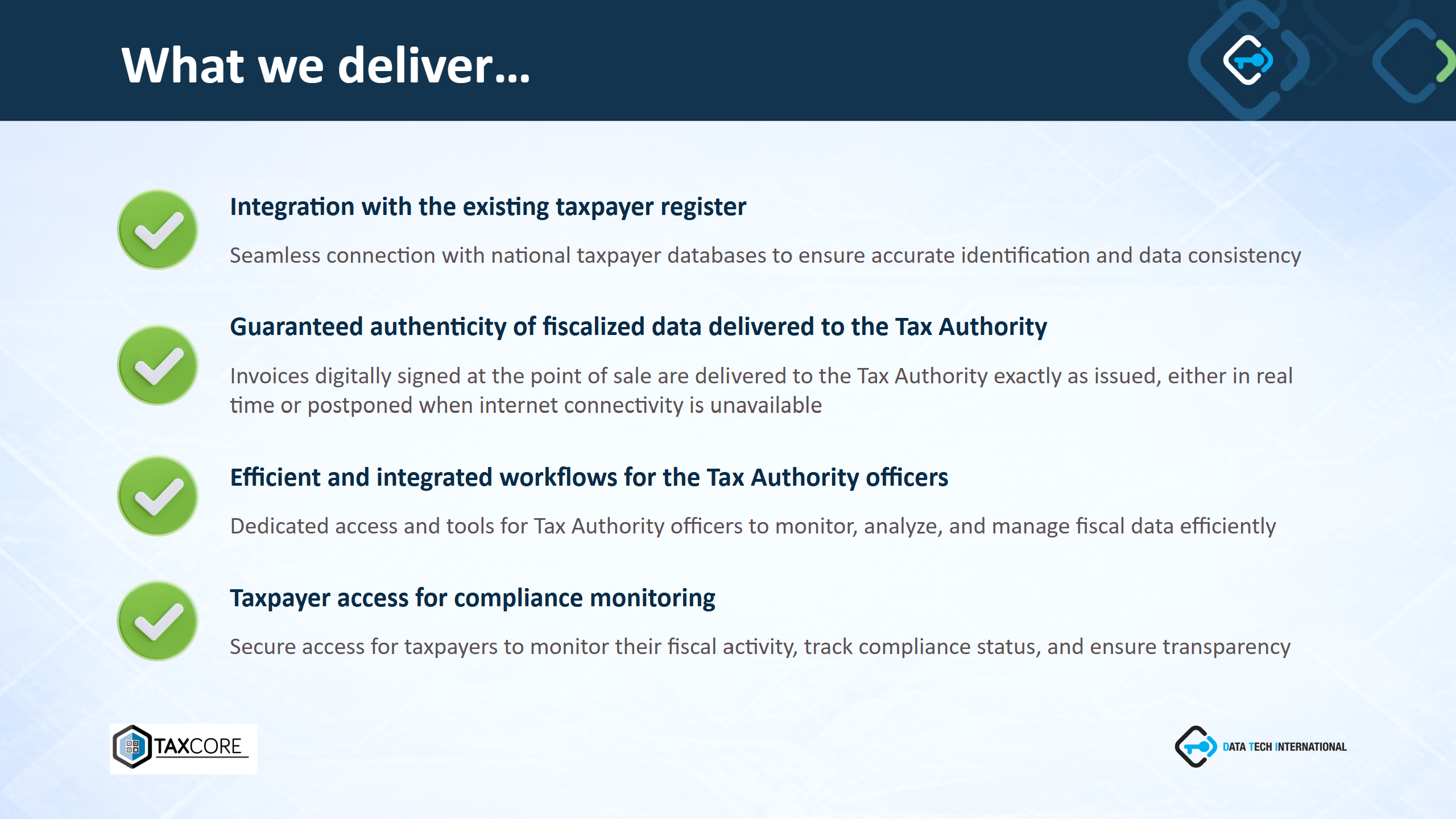 Infographic detailing a tax compliance platform’s key features, including integration with tax databases, data authenticity guarantees, workflow tools for tax authorities, and taxpayer compliance monitoring access.