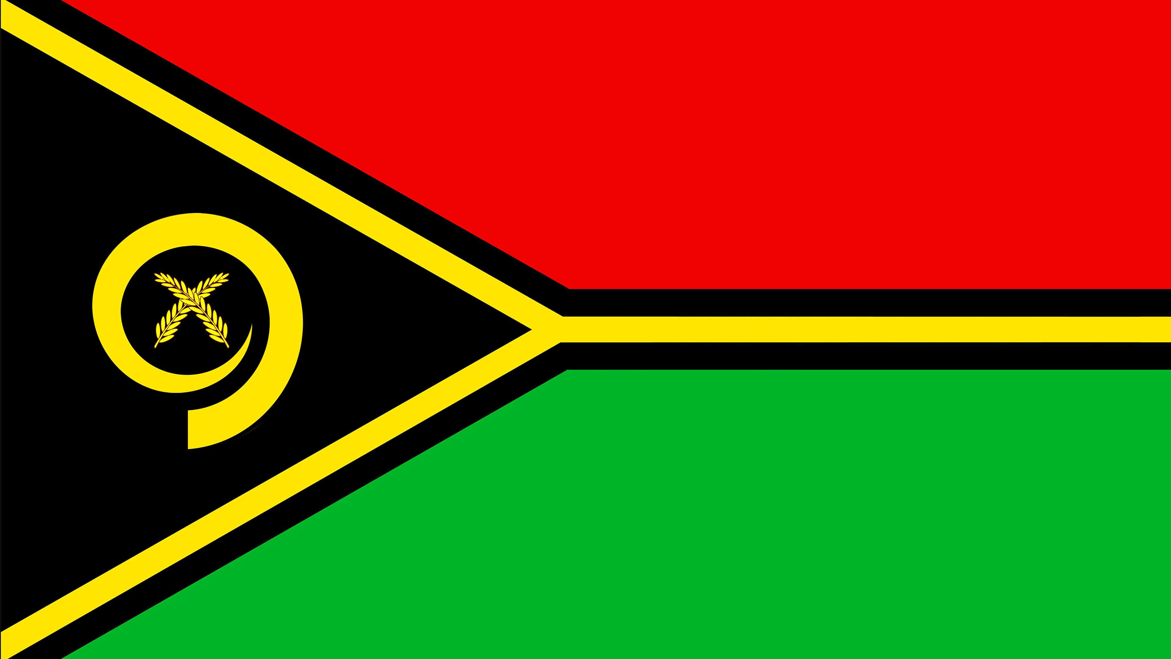 National flag featuring a black, yellow, and green color scheme with a prominent olive branch symbol in a circular emblem on the left side. Horizontal yellow and red stripes run diagonally across the flag.