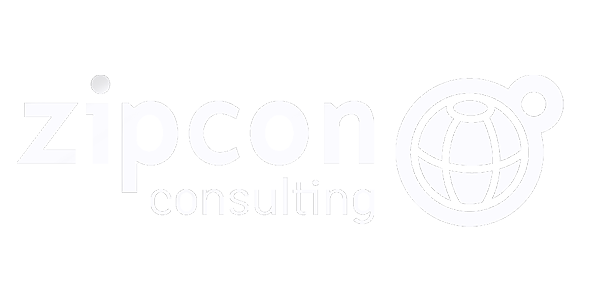 Minimalist white logo featuring the name "Zipcon Consulting" in a modern, sans-serif font alongside a stylized globe icon. The design emphasizes professional branding with clean, geometric elements.