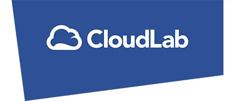 A sleek corporate logo featuring a stylized cloud icon and the text "CloudLab" in white against a solid blue background.