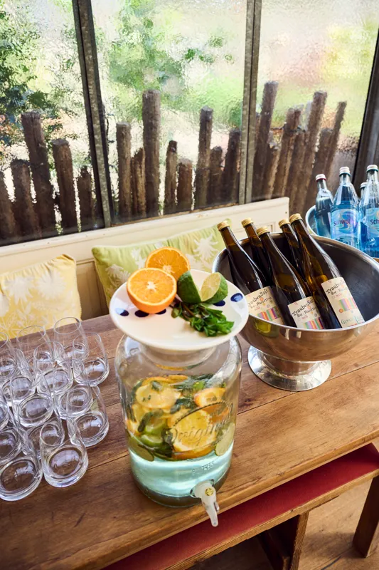 A table setup featuring a refreshing fruit-infused water dispenser with citrus slices and herbs, alongside empty glasses. Bottled wines and sparkling water bottles are arranged in a bowl, set against a scenic outdoor backdrop with wooden fences and greenery.