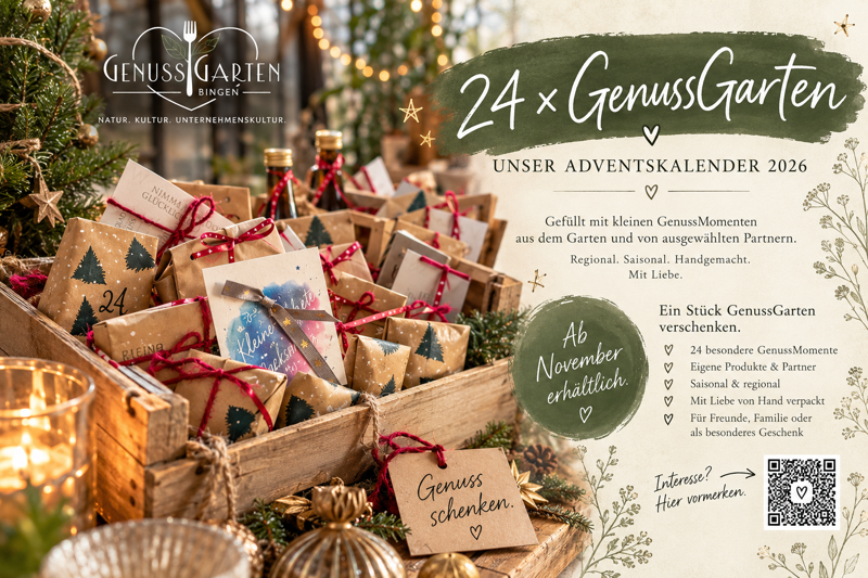 GenussGarten Advent calendar boxes with festive decorations and small gift tags