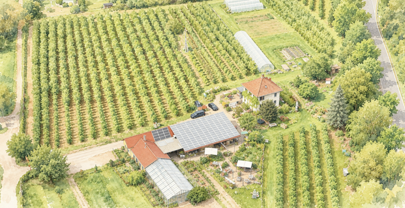 Aerial view of a rural property featuring agricultural fields, a main building with solar panel installations, and additional greenhouses. The area includes residential structures and organized farm plots with lush greenery surrounding the facility.