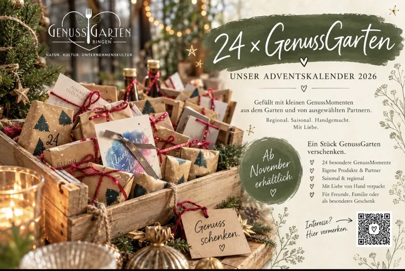 Handcrafted Advent calendar boxes filled with seasonal treats from local partners, featuring small gift packages tied with ribbon and numbered cards, set against a festive, warmly lit background.