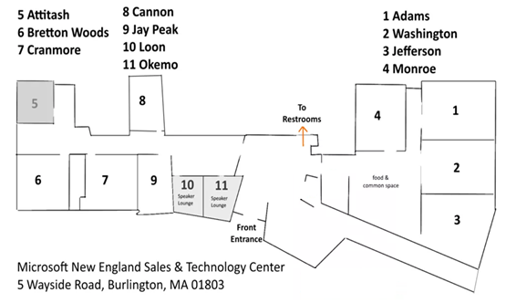 Floor plan layout of the Microsoft New England Sales & Technology Center showing numbered rooms, speaker lounges, restroom access, and front entrance directions. Includes room designations for key areas such as Adams, Washington, and Jefferson suites.