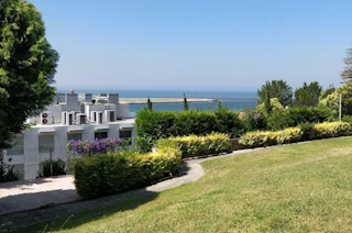 Elegant coastal property featuring well-maintained gardens with vibrant blooms and manicured hedges, overlooking a serene ocean horizon. The scene captures a picturesque, upscale estate setting.